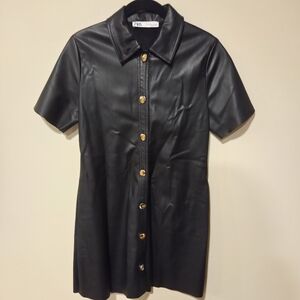 Zara Black Faux Leather Shirt Dress Size Small